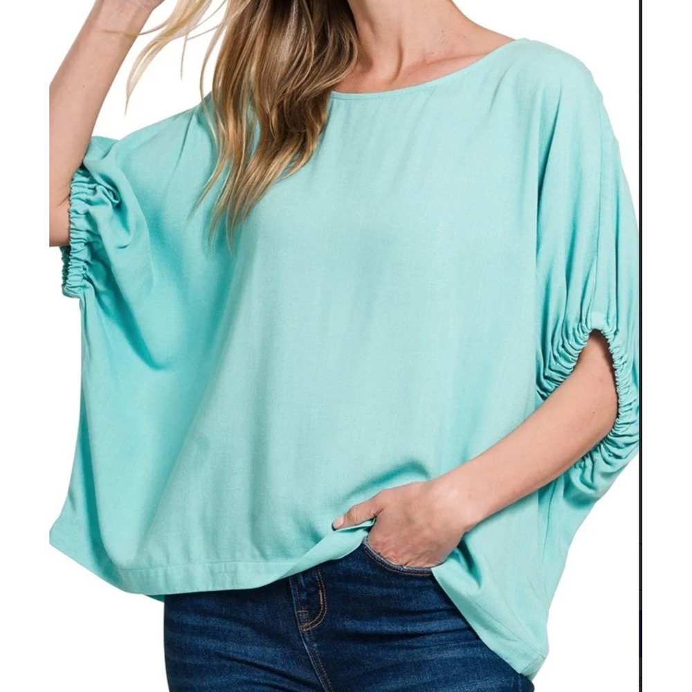 Zenana Women Dusty Teal Woven Oversized Dolman Sleeve Boxy Top‎ Rayon Blouse XL